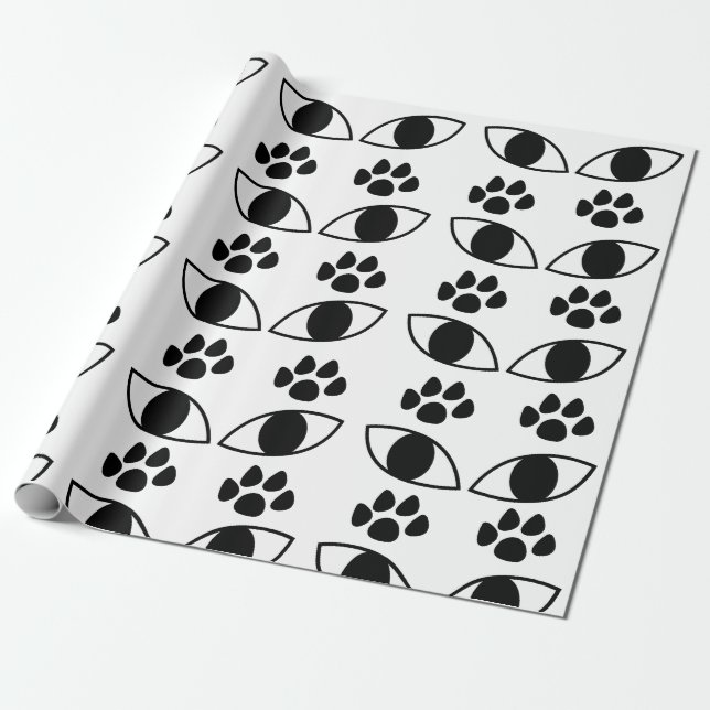Cat Paw Print Black and White   Wrapping Paper (Unrolled)