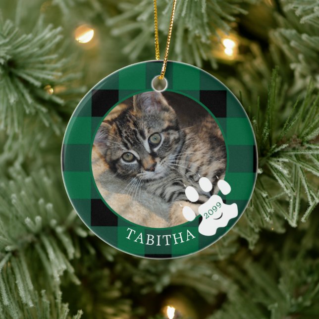 Cat Paw Print Green Buffalo Plaid Photo Ceramic Tree Decoration (Tree)