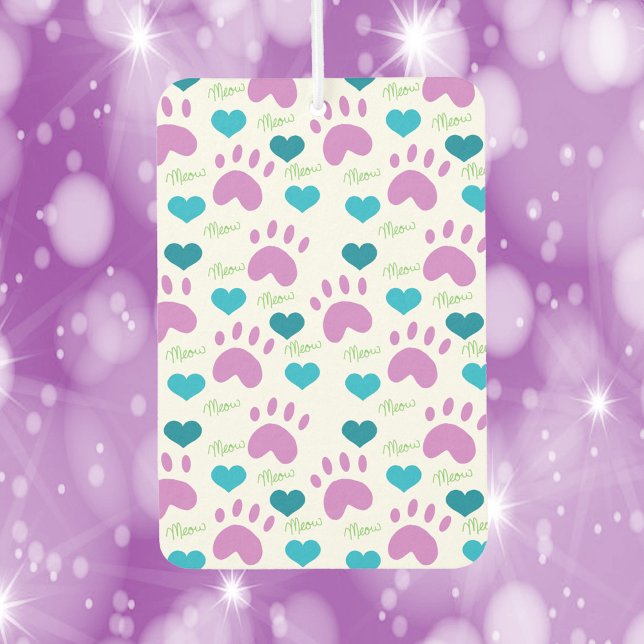 Cat Paw Print Heart Meow Pink Blue Green Pattern Car Air Freshener (An air freshener with a pattern of pink cat paws, blue hearts and green meow.)