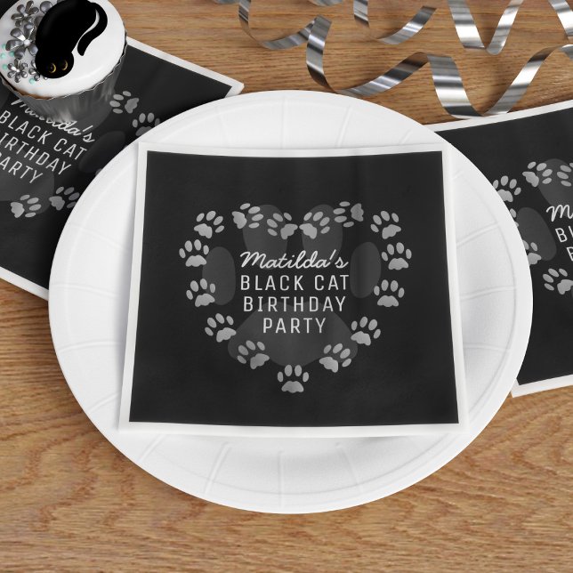 Cat Paw Print Heart Pet Black Party Napkins (Creator Uploaded)