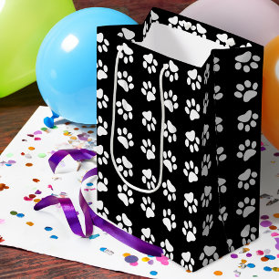 Cat Paw Print Pattern Black and White Birthday Medium Gift Bag