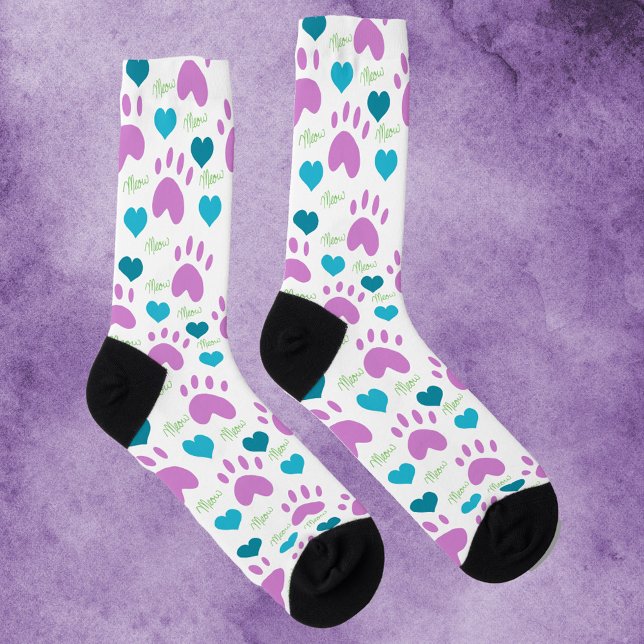 Cat Paw Print Pink Hearts Meow Socks (A pair of socks with pink cat paws, blue hearts and green meow.)