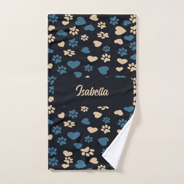 Cat Paw Prints and Hearts Pattern Hand Towel  (Hand Towel)