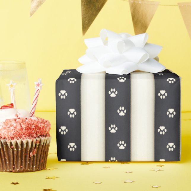 Cat Paw Prints Black & Antique White Pet Lover's Wrapping Paper (Birthday Party)