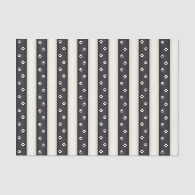 Cat Paw Prints Black & Antique White Stripes Tissue Paper (Front)