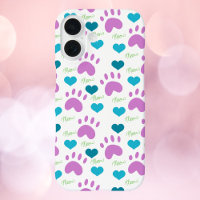 Cat Paw Prints Hearts Meow Pattern Pink Teal Green
