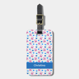 Cat Paw Prints Hearts Woof Personalize Pink Blue Luggage Tag