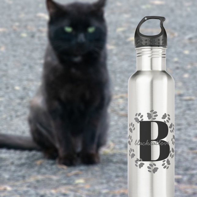 Cat Paw Prints Monogram Water Bottle (Add your initial and name to this pet paw print water bottle)