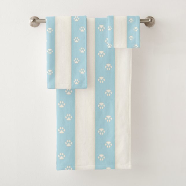 Cat Paw Prints on Pale Blue & Antique White Stripe Bath Towel Set (Insitu)