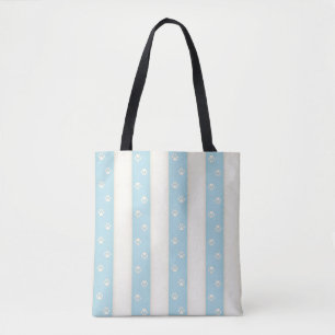 Cat Paw Prints on Pale Blue & Antique White Stripe Tote Bag