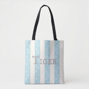 Cat Paw Prints on Pale Blue & White Stripes Custom Tote Bag
