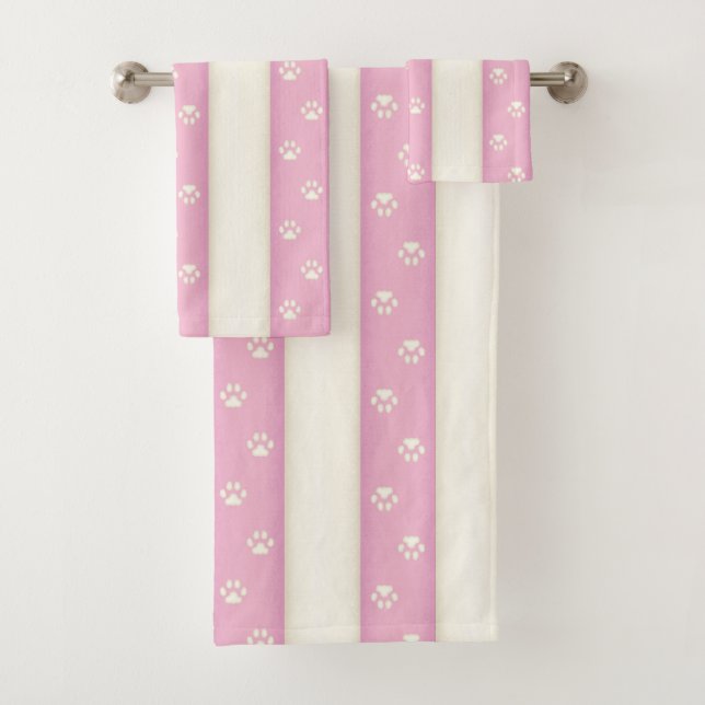 Cat Paw Prints on Pink & Antique White Stripes Bath Towel Set (Insitu)