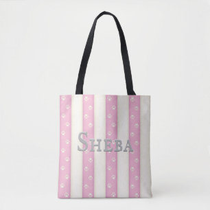 Cat Paw Prints on Pink & White Stripes Custom Tote Bag