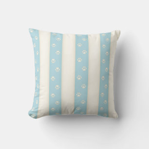 Cat Paw Prints onPale Blue & Antique White Stripes Cushion