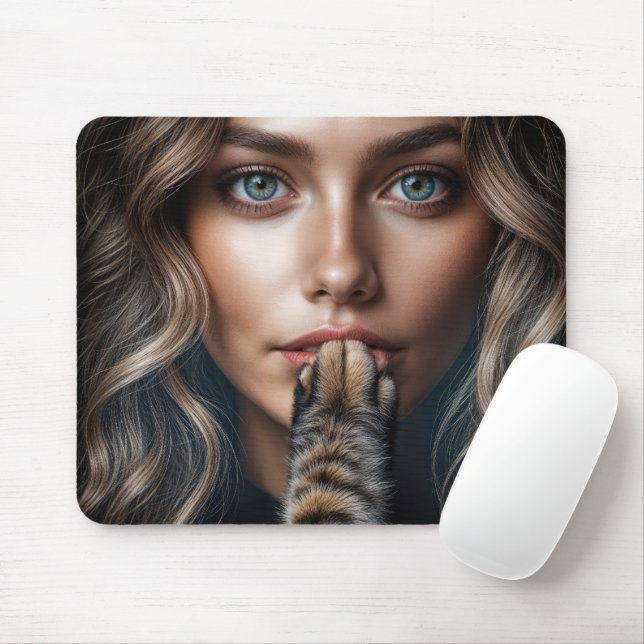Cat Paw Silencing a Pretty Woman Mouse Pad (With Mouse)