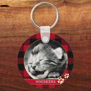 Cat Pawprint, Red Buffalo Plaid, baby Kitten Photo Key Ring