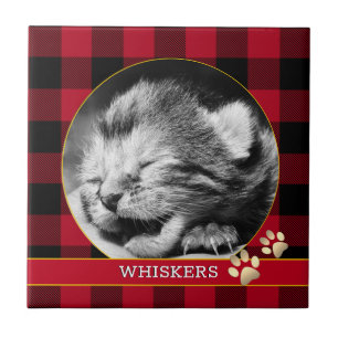 Cat Pawprint, Red Buffalo Plaid, baby Kitten Photo Tile