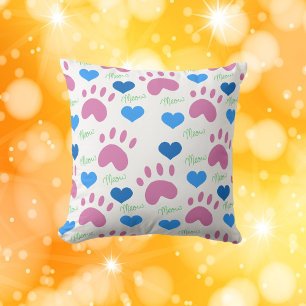 Cat Paws Hearts Meow Hand Drawn Pattern Pink Blue Cushion