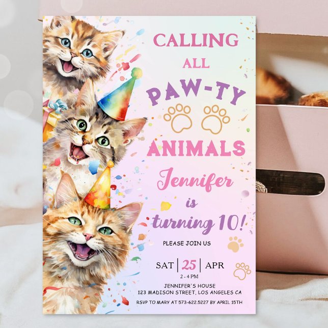 Cat Pawty Birthday Party Girl 10th Birthday Invitation (Creator Uploaded)