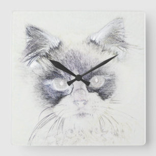 Cat pencil sketch square wall clock