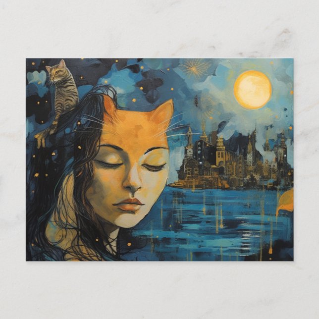 Cat Person in a Starry City AI Generated Art Postcard (Front)