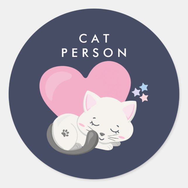 Cat Person Text Cute White Kitty Cat Sleeping Classic Round Sticker (Front)