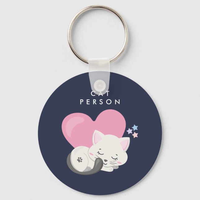 Cat Person Text Cute White Kitty Cat Sleeping Key Ring (Front)