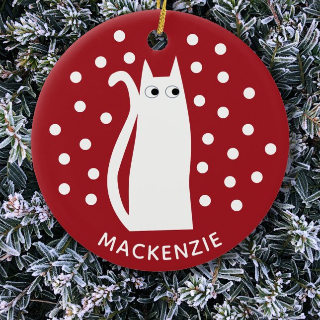 Cat Personalised Red White Ceramic Tree Decoration (Red and white kitty cat fun personalized name Christmas ornament)