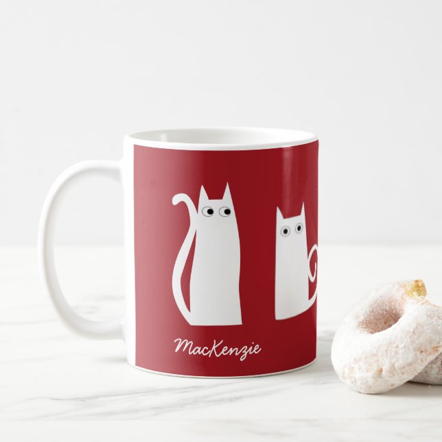 Cat Personalised Red White Coffee Mug (With Donut)