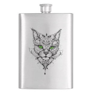 Cat Pet Animal Nature Illustration Art Tattoo Hip Flask