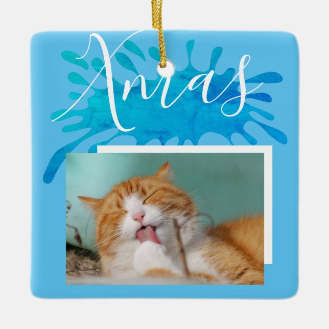 Cat Pet Blue Xmas Script Christmas Photo Ceramic Ornament (Front)