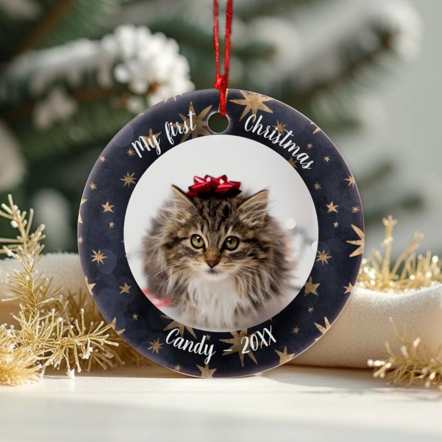 Cat Pet First Christmas Photo Rustic Messy Stars Ceramic Tree Decoration (Creator Uploaded)
