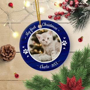 Cat Pet First Christmas Simple Photo Rustic Blue Ceramic Tree Decoration