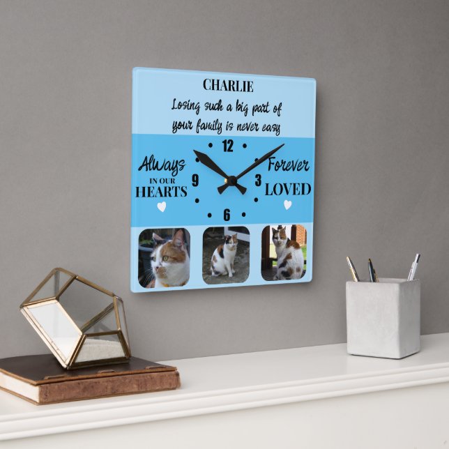 Cat pet loss Keepsake Memorial blue Square Wall Clock (Office)