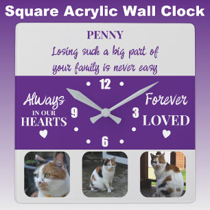 Cat pet loss Keepsake Memorial purple Square Wall Clock