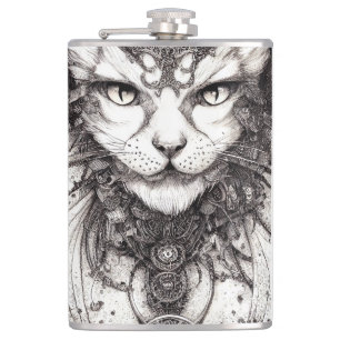 Cat Pet Wild Nature Illustration Line Epic Art Hip Flask