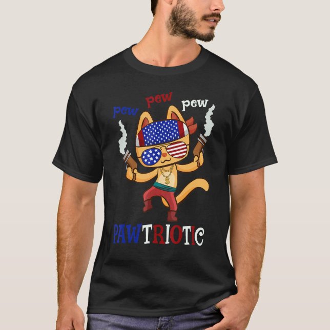 Cat Pew-Pew Pawtriotic Cat 4th Of July Humour Tee (Front)