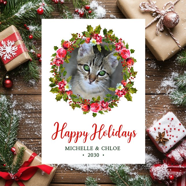 Cat Photo Christmas Wreath Holiday Card (Creator Uploaded)