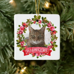 Cat Photo Christmas Wreath Personalised Ceramic Or Ceramic Ornament