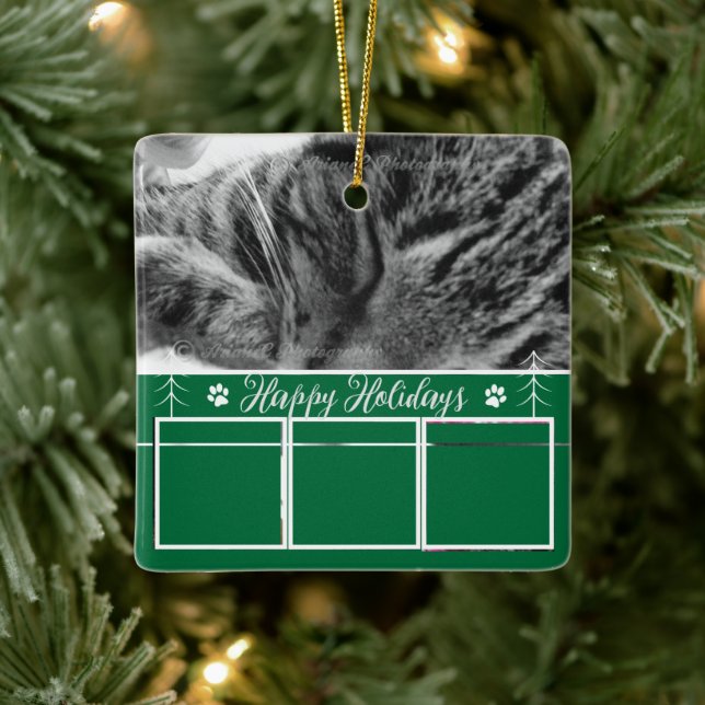 Cat Photo Collage Green Christmas Ornament (Tree)
