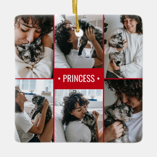 Cat Photo Collage Monogrammed Ceramic Ornament (Front)