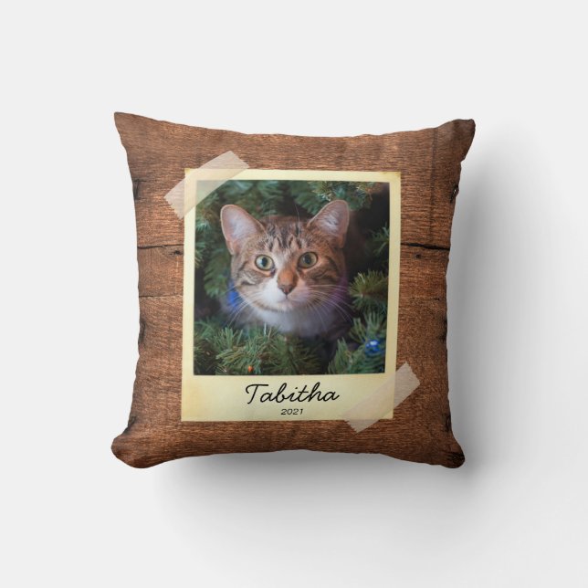 Cat Photo Frame Rustic Personalised Throw Pillow  (Front)