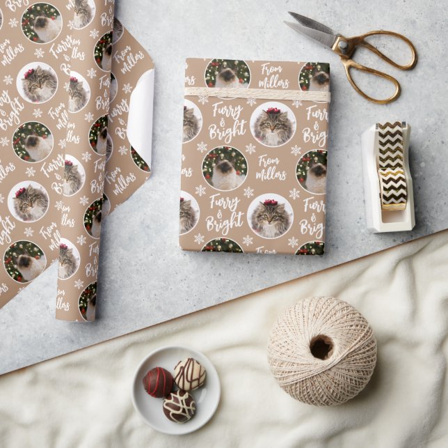 Cat Photo Furry & Bright Rustic White Christmas Wrapping Paper (Crafts)