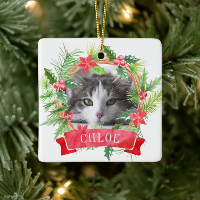 Cat Photo Holly Wreath Ceramic Ornament (Tree)