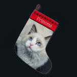 Cat Photo & Name | Red Black Paw Prints Small Christmas Stocking<br><div class="desc">Add a favourite photo of your cat to this full-bleed photo stocking with a red and black name banner with a black paw print border. The name's font, colour and size can be changed. (PHOTO TIP: For fastest/best results, choose a photo with the subject slightly left of the middle of...</div>