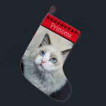 Cat Photo & Name | Red Black Paw Prints Small Christmas Stocking<br><div class="desc">Add a favourite photo of your cat to this full-bleed photo stocking with a red and black name banner with a black paw print border. The name's font, colour and size can be changed. (PHOTO TIP: For fastest/best results, choose a photo with the subject slightly left of the middle of...</div>
