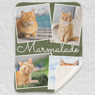Cat Photo Pet Collage Olive Green Personalised Sherpa Blanket