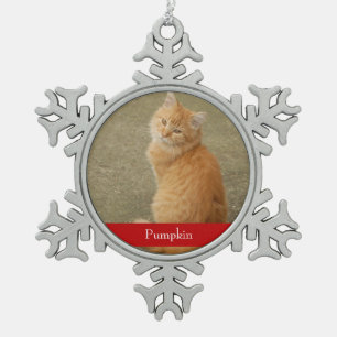 Cat Photo Red Name Simple Cute Snowflake Pewter Christmas Ornament