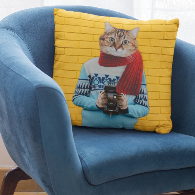 Cat Photographer in Vintage Sweater Quirky Cushion (Creator Uploaded)