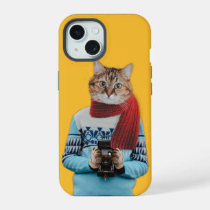 Cat Photographer in Vintage Sweater Quirky iPhone 15 Case
